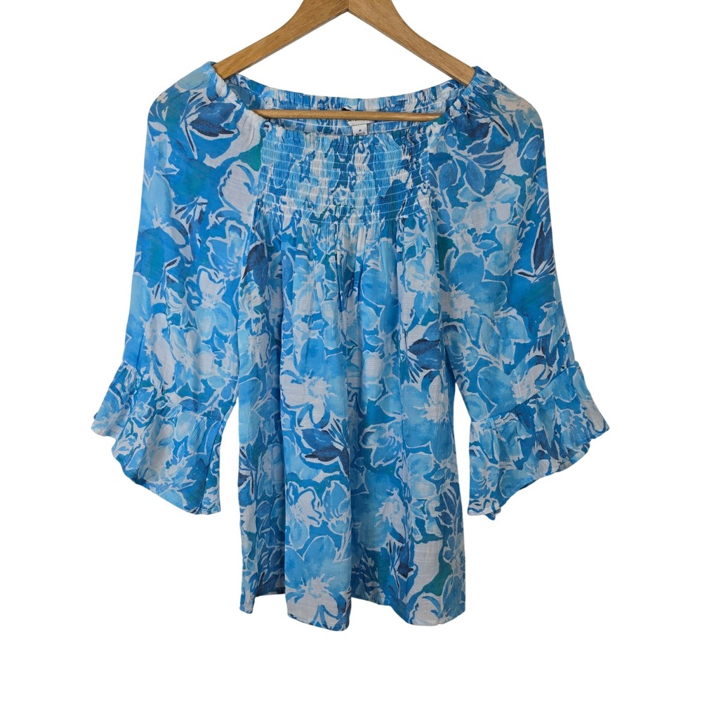 Counterparts Womens Blue White Floral Smocked Square Neck Bell Sleeve Top Size M